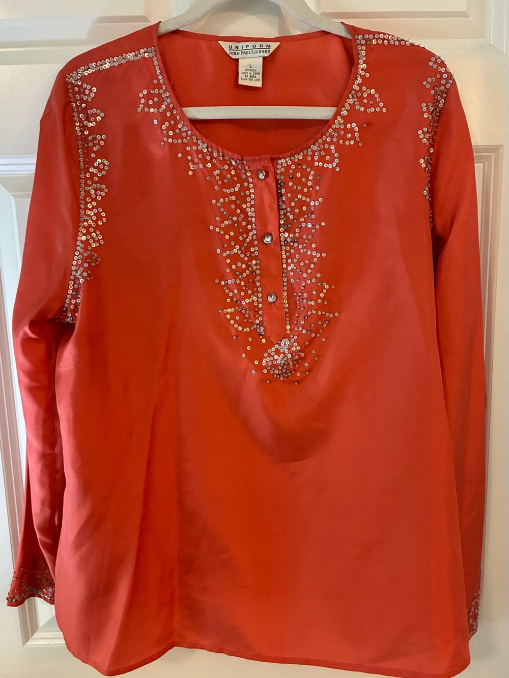 Uniform Silk Embellished Coral Long-Sleeve Women's Top L